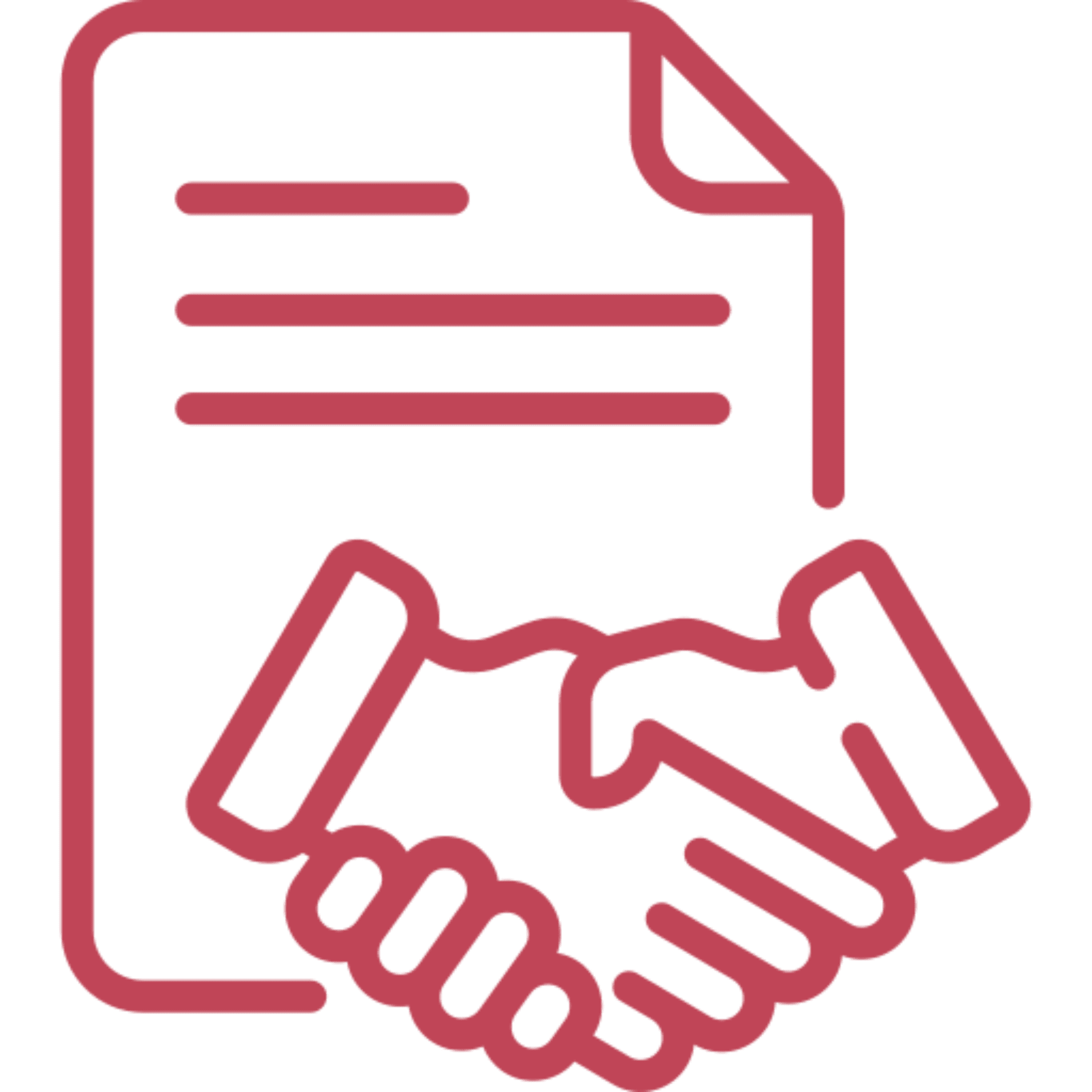 Handshake and document icon in red.