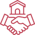 Red outline of handshake and house.